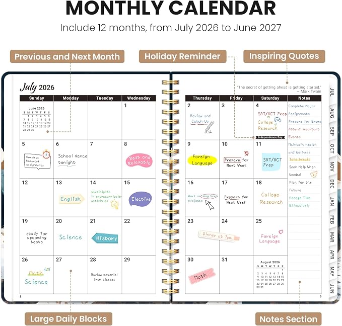 Planner 2026–2027, Academic Planner Weekly and Monthly Calendar Jul 2026 – Jun 2027 Hardcover Planner with Tabs and Pocket, Spiral Bound Agenda Book for Student & Teacher, 6.3" x 8.5", Moonlit Wilderness