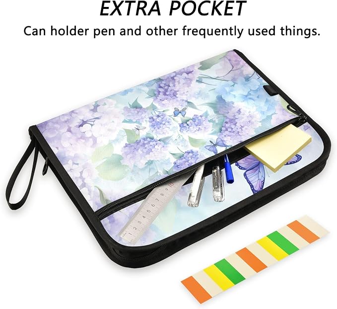 Expanding File Folder Purple Hydrangea Flower Butterfly Accordion File Organizer 13 Pockets Document Organizer with Zipper Labels A4 Letter Office Storage