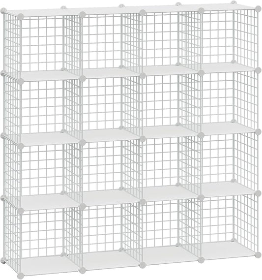 HUBSON Wire Cube Storage Organizer, Book/Toy/Craft/Potted Plants and Pet Closet Organizers, 16-Cube Freely Combinable Metal Grid Storage Shelves, White Plus Iron
