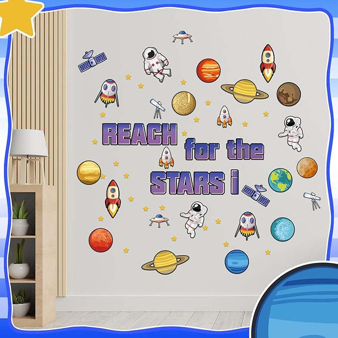 68 Pcs Outer Space Classroom Bulletin Border Decoration Star Cutouts Planet Astronaut Spacecraft Instrument Cutout Reach for The Stars Cutouts for Space Themed Classroom Chalkboard Wall (Outer Space)
