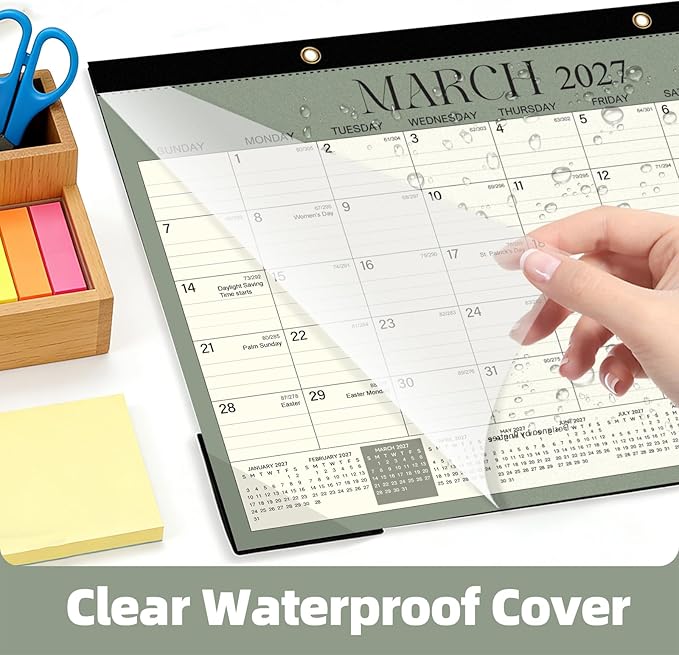 ZTX Desk Calendar 2026-2027,18 Months Calendar from July 2026 to December 2027,17" x 12" Big Calendars 2026-2027 Monthly Planner with Plastic Cover for Teacher Home Desk Top Green