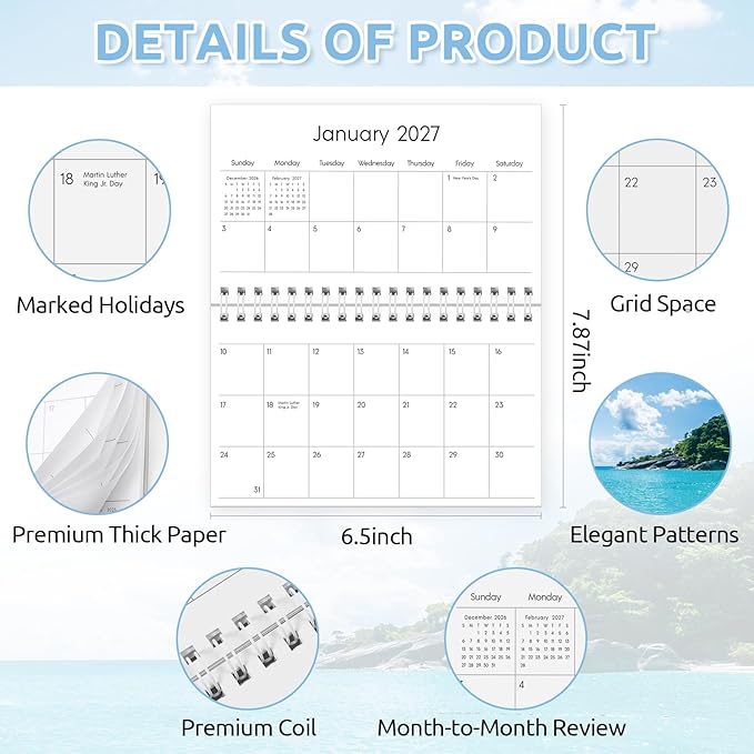Pocket Calendar 2025-2027, Beach 2025-2027 Monthly Planner -3.7" x 6.7" for Purse, Runs from July 2025 Until December 2027, Monthly Planner Pocket Size with Coil Organizing & Planning