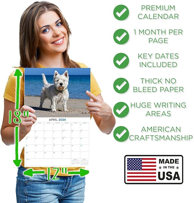 2025 2026 West Highland Terrier Calendar - Dog Breed Monthly Wall Calendar - 12" x 18" Open - Thick No-Bleed Paper - Giftable - Academic Teacher's Planner Calendar Organizing & Planning - Made in USA