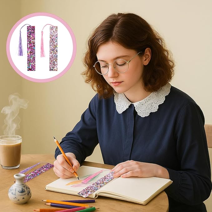 2 Pcs Tassel Bookmarks Girls Resin Glitter Bookmarks for Women Pink Purple Glitter Acrylic Bookmark with Colorful Silk Tassels for Women Girls Book Lovers Reading Presents
