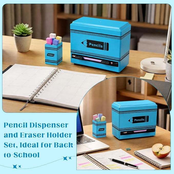 Gueevin 2pcs Pencil Dispenser for Classroom, Fun Desk Organizer with Eraser Holder, Interactive Pencil Storage for Teachers, Students & Homeschool Desk Organizer, Back to School Supplies(Blue)