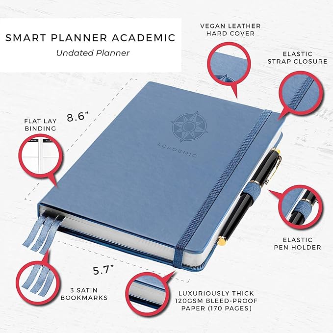 Smart Planner Academic 2022-2023 A5 Size 8.6 x 5.7 inches Undated Daily Planner for School - Student Planner for Maximizing Focus and Productivity (Blue)