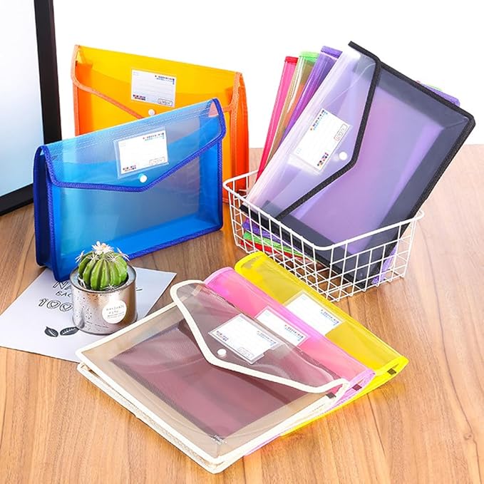Plastic File Folder A4 Size Expandable Poly Envelopes Waterproof Transparent File Pouch with Snap Closure & Label Pocket Assorted Colors for School Organization