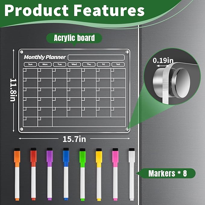 FINDMAG Acrylic Magnetic Dry Erase Board Calendar for Refrigerator, Magnetic Whiteboard for Fridge, 16"x12" Monthly Magnet Calendar for Refrigerator with 8 Colorful Highlight Markers