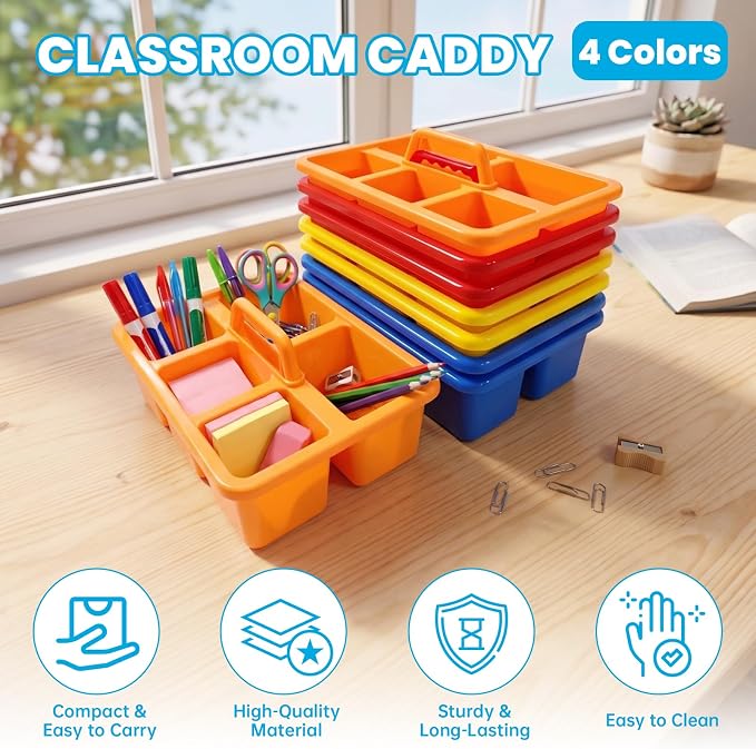 8 PCS Classroom Caddy, Plastic Caddy Organizer with Handle, Art Supply Organizer with 5 Compartment Small Portable Storage Bin for Classrooms, Office, and Home, 8”×5.7”×3”， Assorted Colors
