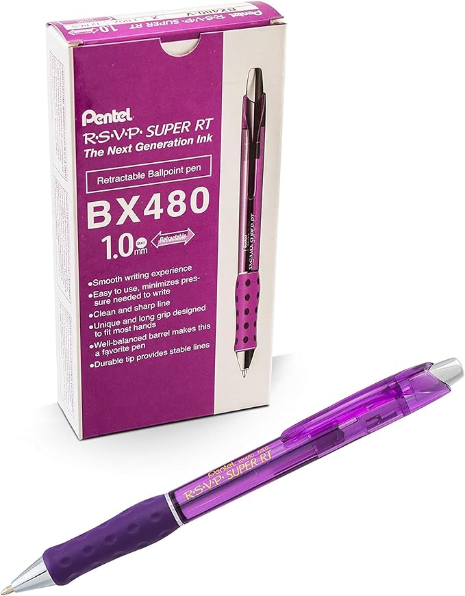 Pentel RSVP Super RT Ballpoint Pen, (1.0mm) Medium Line, Violet Ink, Box of 12 (BX480-V)