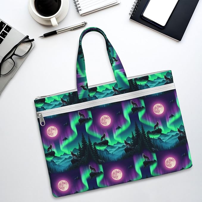 Lightweight Canvas Document Tote Bag Cool Wolf Howling Moon, Waterproof Zipper File Pouch with Handle for Office Travel Use