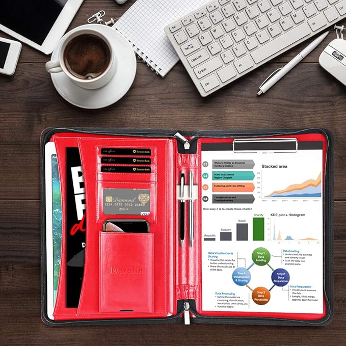 Darolin Zippered Leather Padfolio Portfolio with [Hidden Handle] and [Clipboard], Business Conference Portfolio Organizer Notepad Folder, Padfolio for Women/Men (Red)