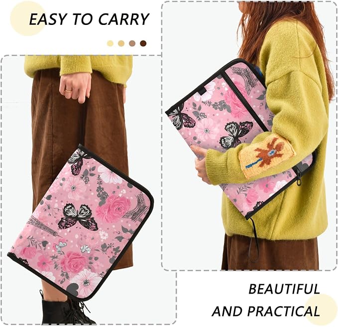 Expanding File Folder Butterfly Rose Eiffeltier Tower Paris France Accordion File Organizer 13 Pockets Document Organizer with Zipper Labels A4 Letter Office Storage