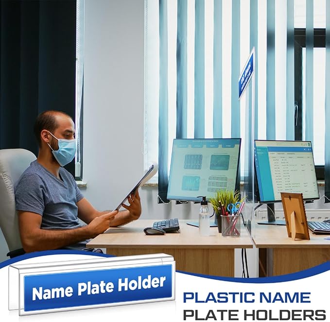 Wonderjune 10 Pack Plastic Cubicle Name Plate Holder 8.5" Wide x 2" High Glass Wall Name Plate Holder Clear Acrylic Sign Display Stand for Home Office Business (Suitable for 1" Cubicle Wall)