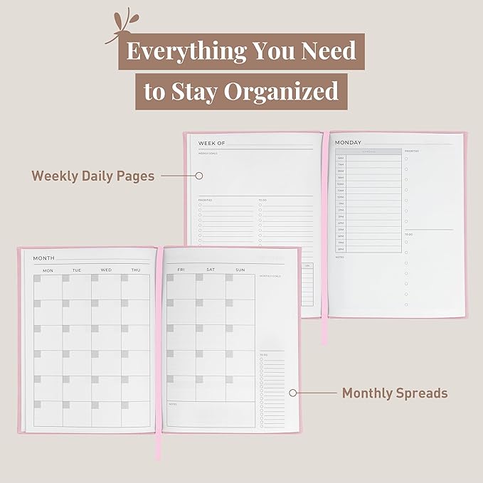 Rileys & Co Undated Daily Planner 8 x 6 in, Day Schedule Planner & Agenda Book, Journal with Goal & Habit Tracker, No Dates Dateless Annual Organizer for Work, School & Home - Pink