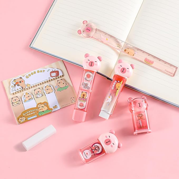 7 Pcs Cute Capybara Stationary Set Kawaii School Supplies Japanese Stationery, Includes Pencil Sharpener, Eraser, Correction Tape, Glue Tape, Sticky Notes, Ruler, for Office School Supplies