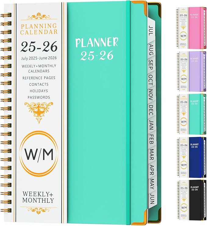Daily Planner 2025-2026, Monthly and Weekly Calendar Planner with Tabs, July 2025 - Jun 2026, Inner Pocket, 6.2" x 8.5" A5 Size, Perfect for Office Home School Supplies, Spiral Bound, Aquamarine ﻿ ﻿