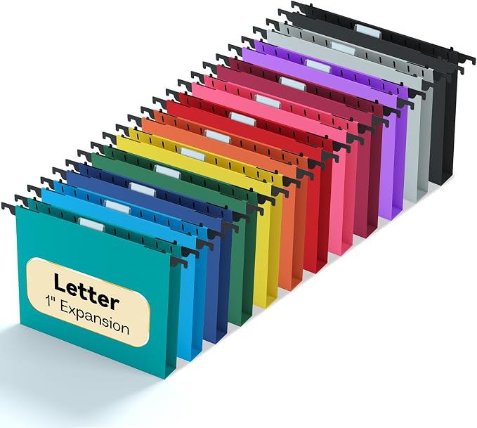 1" Expanding Plastic Hanging File Folders Letter Size,12 Pack Reinforced Heavy Duty Hang Folder with Tabs,Colored Hanging Organizer for File Box,Office Filing Cabinet Folder for School/Home