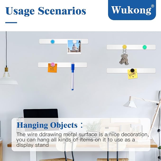 Wukong 10 Pack | 30x3cm(11.81 x 1.18) Magnetic Stainless White Boards Strips, Adhesive Backing Bulletin Bar Board, Memo Board with 32Pcs Colorful Magnets for Office, Home, Photo Wall, Documents
