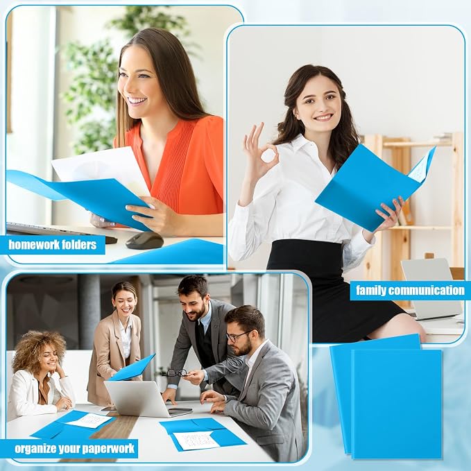 Gueevin 100 Pack Plastic Folder with Pockets, 2 Pocket Folders, Plastic Glossy Folders Fit Letter Size Paper, Heavy Duty Durable File Folder with Business Card for Home Office School (Lake Blue)