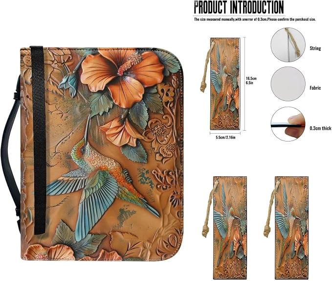 Lotusorchid Hummingbird Print Bible Cover Case with Bookmarks, PU Leather Bible Cover for Women Girls, Portable Bible Carrying Case with Handle and Pocket, Bible Accessories for Christian, Size XL