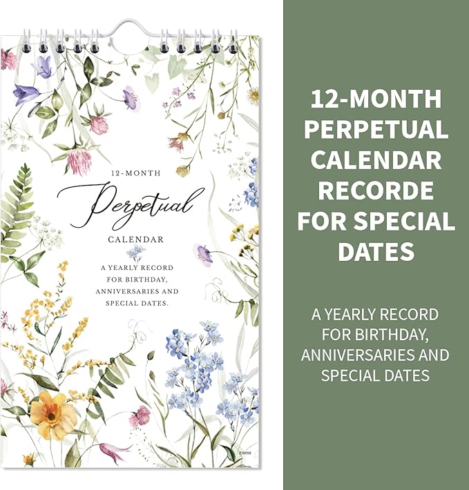Perpetual Calendar - Undated Calendar 12-Month, 6'' x 10'' with Twin-wire Binding, Thicker Paper, Perpetual Calendars for Birthday, Anniversaries, Important Days, Festivals Reminder
