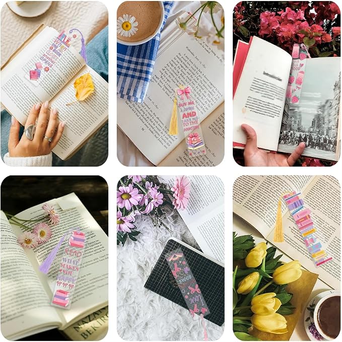 Peacoblue 30pcs UV DTF Bookmarks Transfer Stickers Wraps Pink Bow and Book for Women Men Reading, Waterproof Bookmarkers Decal(No Blank Bookmarks) for Acrylic Plastic Metal Blank Bookmark
