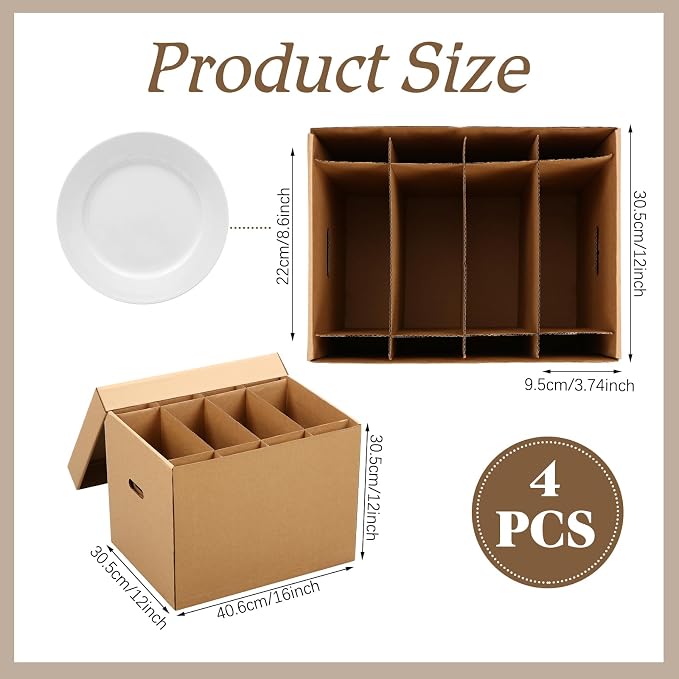 Fuyoooo 4 Pack Large Dish Packing Boxes for Moving with Divider 16 x 12 x 12 Inch Kitchen Moving Boxes with Reinforced Handle Lid Packing Supplies for Dishes and Glassware