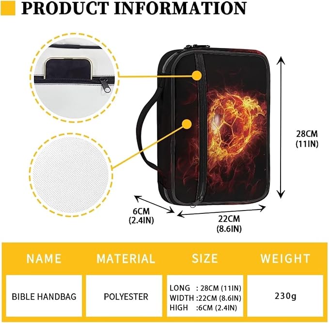 Fire Soccer Ball Style Bible Covers for Women Men Zippered Bible Carrying Case Bible Carrier Book Bag Church Bag Bible Protective with Handles