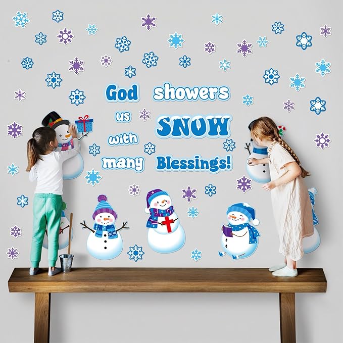 Mooliwe 72 Pcs Religious Winter Bulletin Board Set Snowman Blessings Bulletin Board Cutouts Religious Classroom Decoration Snowflake Snowman Cutouts Winter Xmas Holiday Party Church Classroom Decor