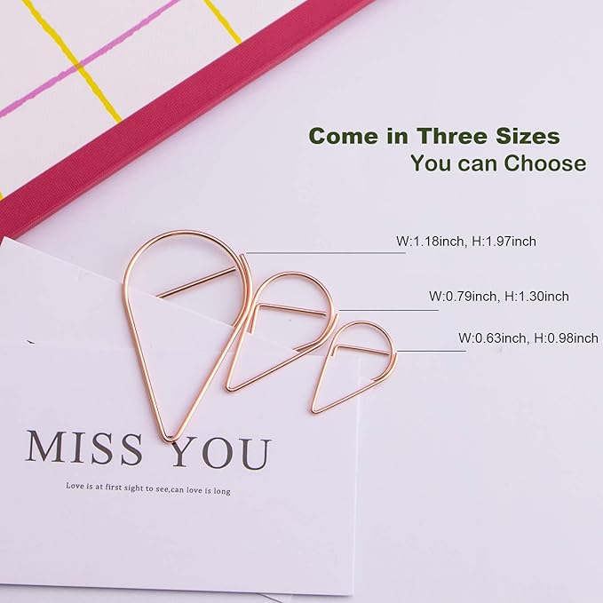 100 Pieces Rose Gold Cute Paper Clips Medium, VENCINK Smooth Stainless Steel Drop-Shaped Wire Paperclips for Office Supplies Wedding Women Girls Kids Students