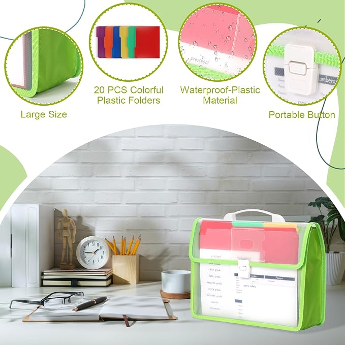 School Years Organizer Kit Clear Plastic Storage Tote with 20 Letter Size Colored Manila Folders 60 Reusable Sticker Labels School Memory Keepsake Box for Pre K to 12th Grade DIY Organization (Green)