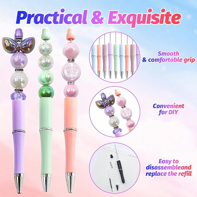 150 Pieces DIY Beadable Pen Kit – 50 Plastic Ballpoint Pens with Refills & Bags – School Supplies, Office Accessories & Decorative Items for Students & Teachers (Pastel)