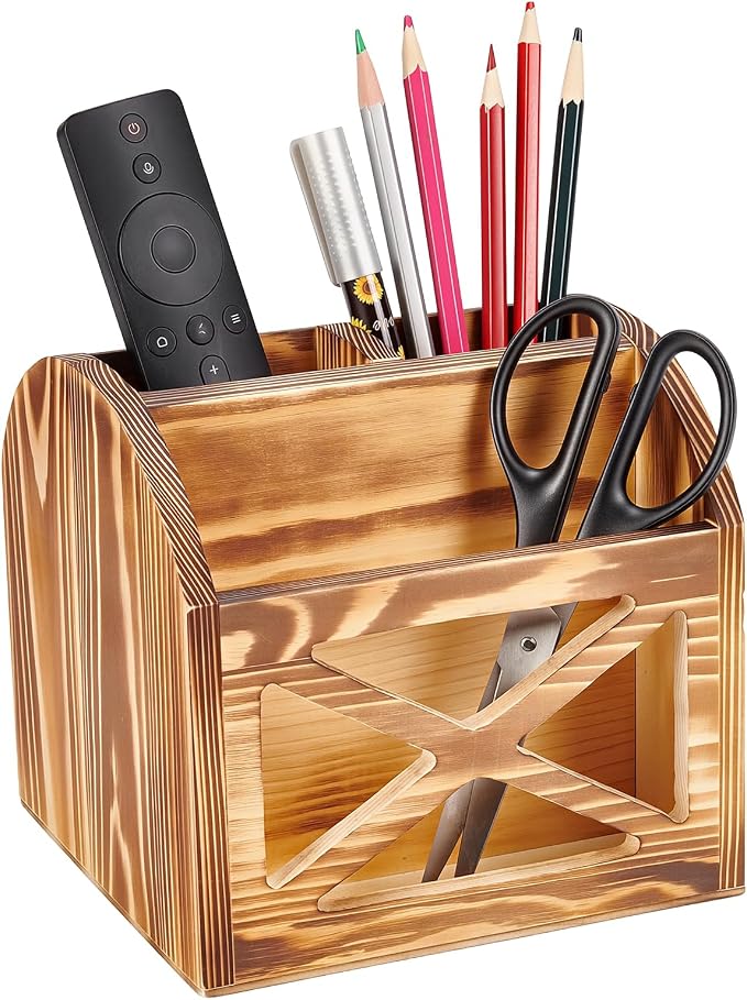 1Pcs Rustic Wood Office Desk Organizer, Vintage Remote Control Holder 6.3x5.94inch Wooden Office Supplies Holder 3 Slot Tabletop Desktop Organizer Box for Living Room(BurlyWood)