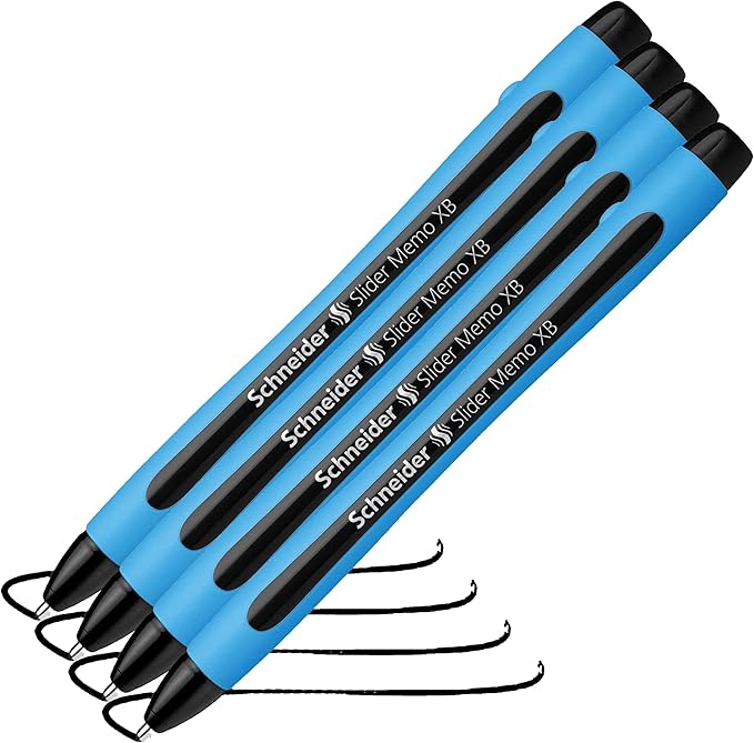Schneider Slider Memo XB (Extra Broad) Ballpoint Pen, 1.4 mm, Light Blue Barrel, Black Ink, Blister Pack of 4 Pen (75023)
