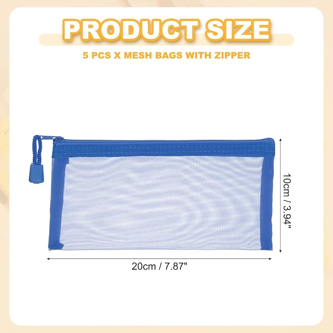 PATIKIL A6 Mesh Zipper Pouch Bags, 5 PCS Mesh Bags with Zipper Plastic Storage Pocket for Organizing File Beads Office Home Supplies, 10x20cm, Blue