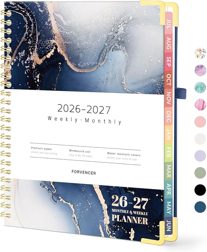 Forvencer Academic Planner 2026-2027, Hardcover Calendar Planner Weekly & Monthly, July 2026 - June 2027, 6" x 8", Daily Agenda with Tabs, College School Organizer for Student Teacher, Navy Marble