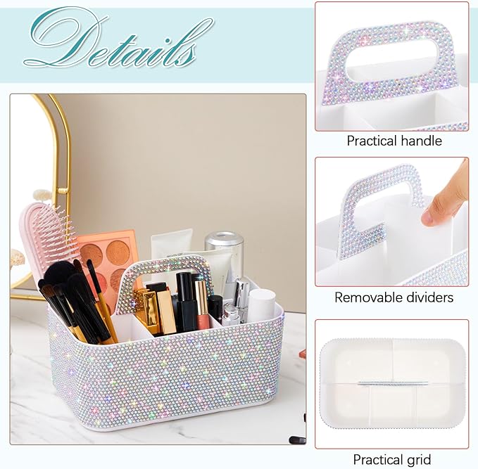Marspark Bling Makeup Caddy Organizer with Handle, Sparkly Art Craft Holder, Glitter Bathroom Hair Caddy, Shimmer Pen Pencil Holder for Women Desk Organizer, Bling Gifts for Women(White,AB Diamond)