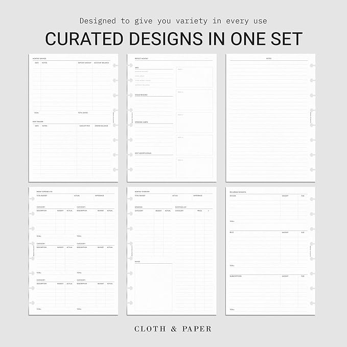 Cloth & Paper Financial Planning Inserts – Half Letter, 8-Disc Planner Refill – 60 Pages (30 Double-Sided) for Budgeting, Savings, Recurring Payments & Expense Tracking – Minimalist Finance Organizer