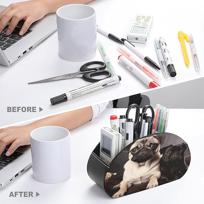 Pug Dogs Remote Control Organizer PU Leather Storage 5 Compartment Controller Holder Multi-functional Brush Organizer Box Office Supplies Caddy for Bedside