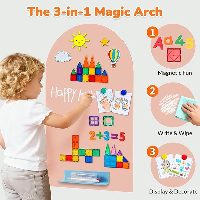 2-Pack Magnetic Wall Decal: 15.7"x31.5" Double Arch Chalkboard - Aesthetic Boho Playroom Decor & Screen-Free Kids Magnet Board for 1-3 Toddlers & 4-10 Children- Peel and Stick (Camel Pink)