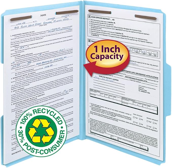 Smead 100% Recycled Pressboard Fastener File Folder, 2 Fasteners, 1/3-Cut Tab, 1" Expansion, Legal Size, Blue, 25 per Box (20000)