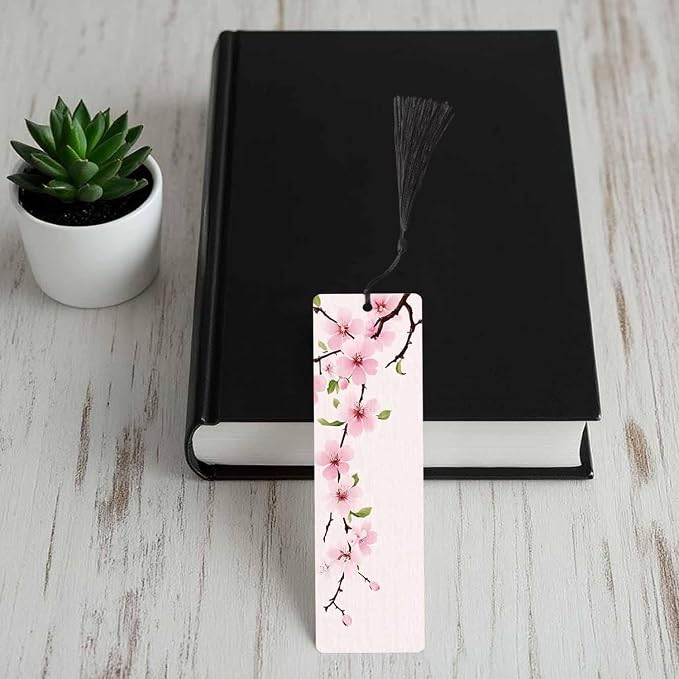 Cherry Blossom Bookmarks 5 Pcs with Tassels Pink Flowers Branch Romantic Spring Wooden Bookmarks for Reading Women Students Teacher Reader