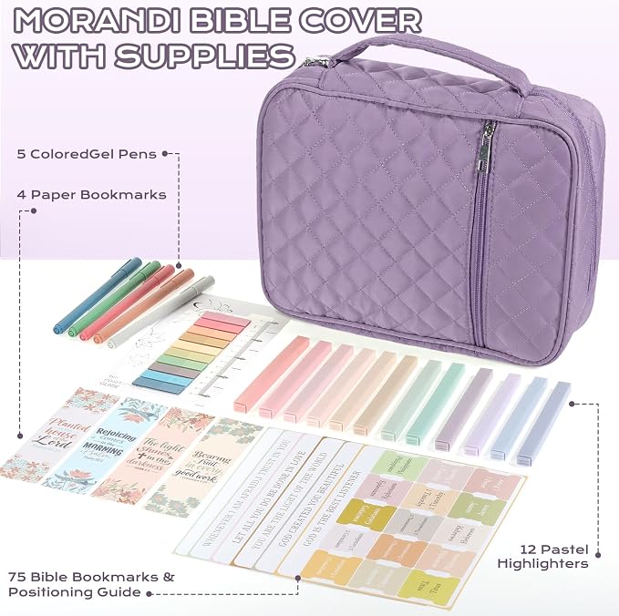 XKDOUS Quilted Bible Cover Case with Bible Study Accessories Kit, Waterproof Large Capacity Bible Bag for Women, Portable for Church Study, Multiple Morandi Color Options (Dusty Lavender)