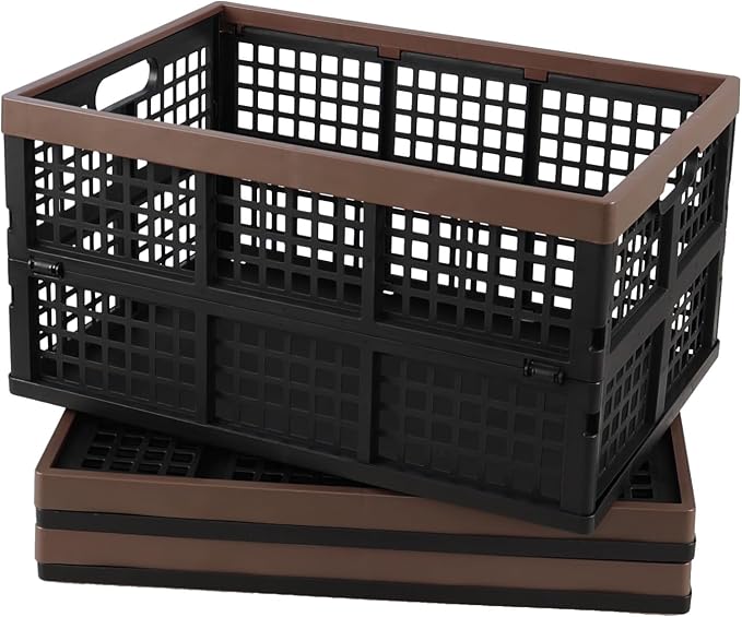 42 L Large Folding Utility Crates Plastic, 3 Packs Stackable Storage Bins, Collapsible Milk Crate