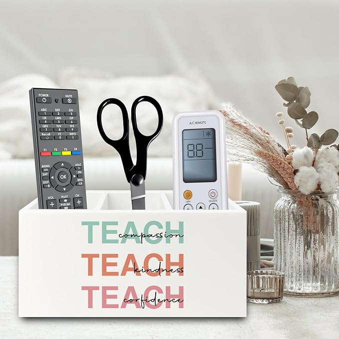 Teacher Pen Pencil Holder Organizer for Desk, Teacher Appreciation Gifts, Teach Compassion Kindness Confidence Wooden Box Sign for Classroom Office Workplace Desk Tabletop Decorations