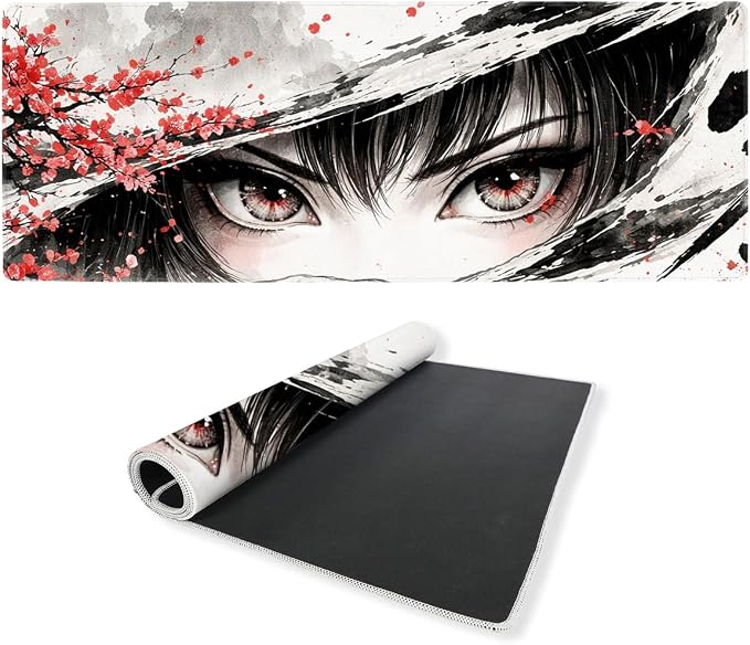 Japanese Anime Gaming Mouse Pad 35.4 x 15.7 Inches Cherry Blossoms Anime Eyes Desk Mat with Non-Slip Rubber Base, Stitched Edges for Gaming,Office