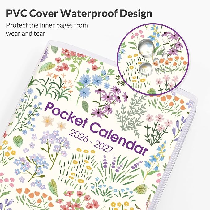Phyxin Pocket Calendar 2026-2027, Small Calendar 2026 - Runs From Jan 2026 to Dec 2027, Pocket Planner-3.7" x 6.7" with PVC Cover, Pocket Calendar for School, Home and Office Supplies, Purple Flowers