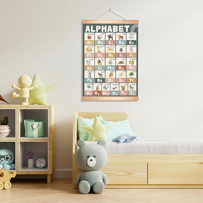 Educational Alphabet Chart Wall Art, 18.5x14Inch Colourful Alphabet Canvas Print Poster with Wooden Hanger, Classroom Learning Posters, A-Z Letters Wall Art Decor for Nursery,Playroom and Home School