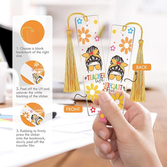 AFRITEE UV DTF Wraps Stickers - 24 Pcs Boho Thank You Teacher Theme Acrylic Bookmark Sticker, Pencil Apple Floral Cold Transfer Stickers for Bookmarks Uvdtf Decals Wrap Creative Gifts for Teachers
